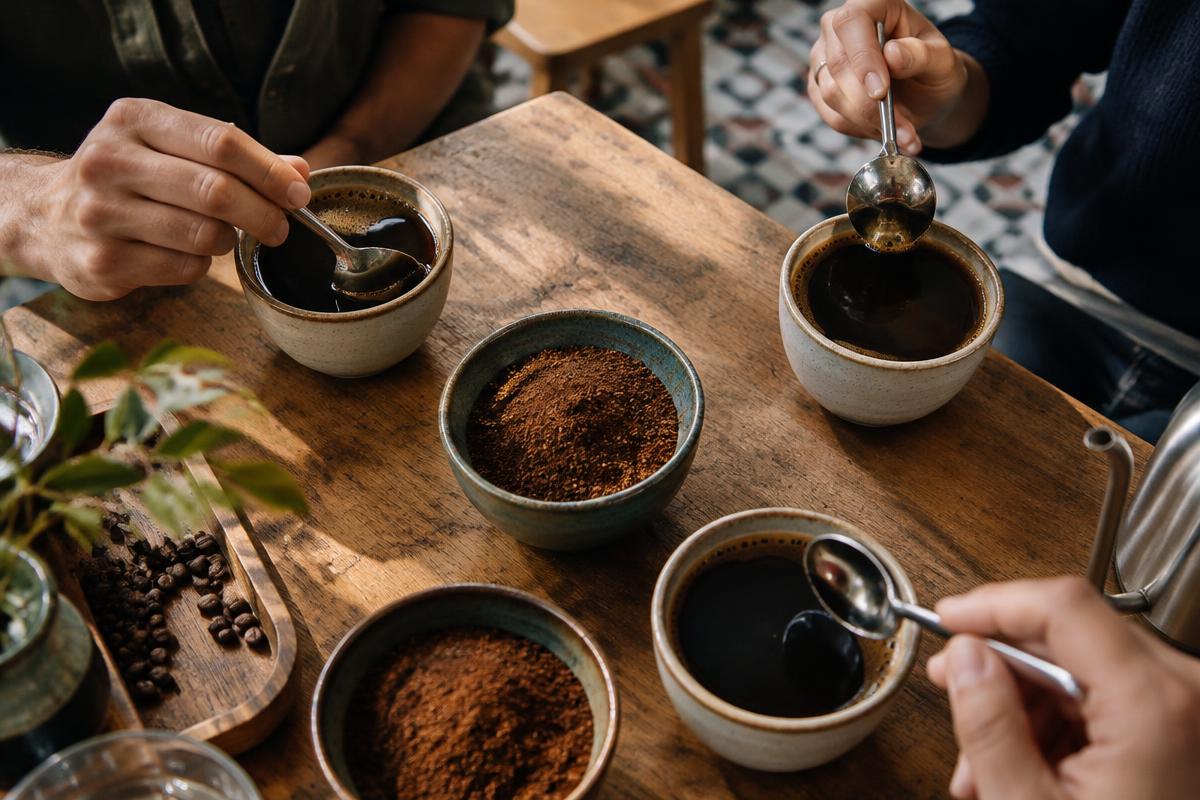 Hands exploring specialty coffee together during a guided cupping