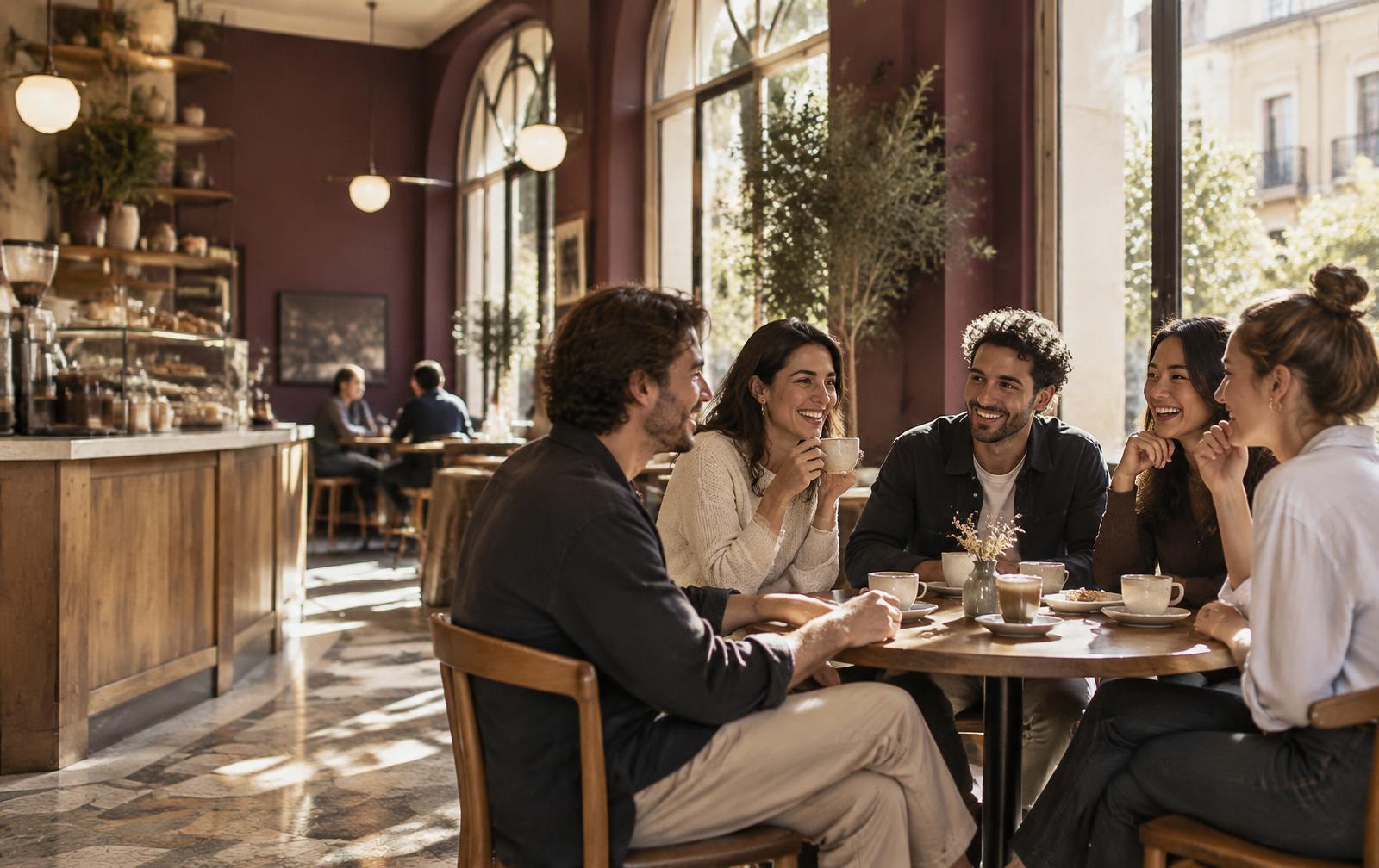 New friends sharing coffee and conversation in a sunlit Barcelona café